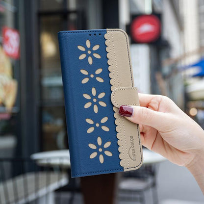 For iPhone Air Splicing Color Hollow Flower Pattern RFID Leather Phone Case(Dark Blue) - iPhone Air Cases by buy2fix | Online Shopping UK | buy2fix