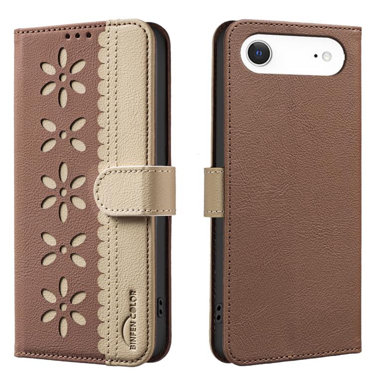 For iPhone Air Splicing Color Hollow Flower Pattern RFID Leather Phone Case(Brown) - iPhone Air Cases by buy2fix | Online Shopping UK | buy2fix