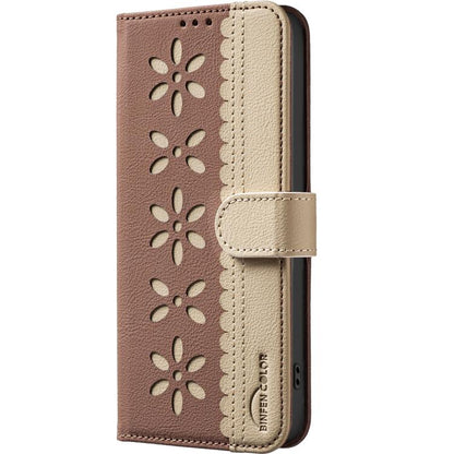 For iPhone Air Splicing Color Hollow Flower Pattern RFID Leather Phone Case(Brown) - iPhone Air Cases by buy2fix | Online Shopping UK | buy2fix