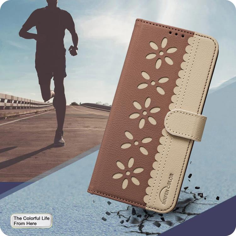 For iPhone Air Splicing Color Hollow Flower Pattern RFID Leather Phone Case(Brown) - iPhone Air Cases by buy2fix | Online Shopping UK | buy2fix