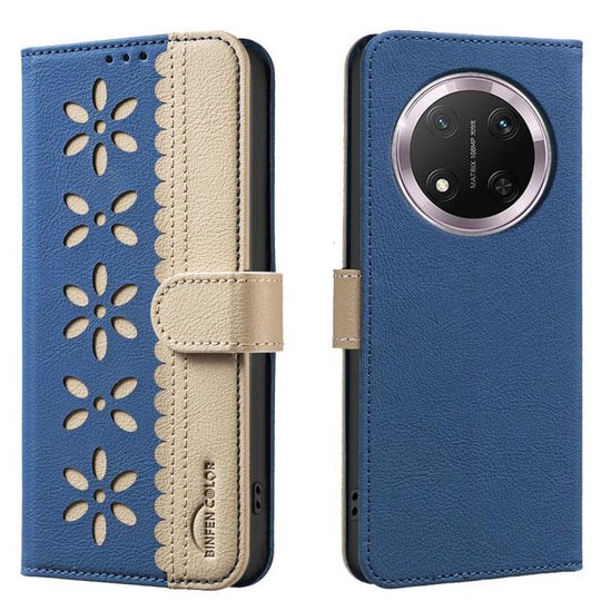 For Honor X9C / Magic7 Lite Splicing Color Hollow Flower Pattern RFID Leather Phone Case(Dark Blue)