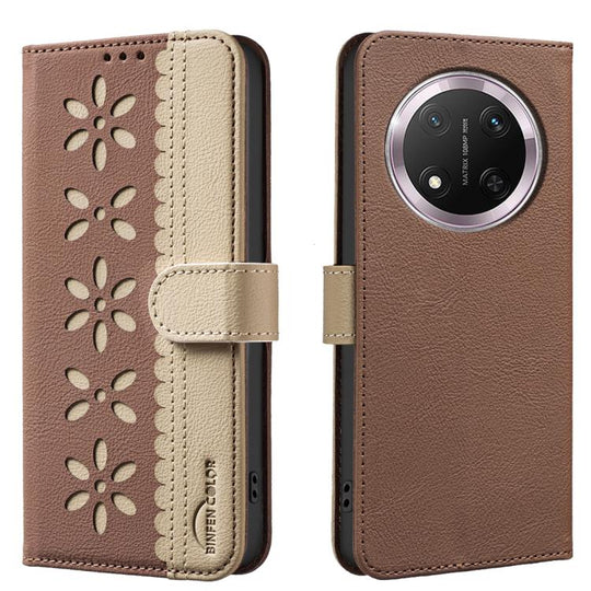 For Honor X9C / Magic7 Lite Splicing Color Hollow Flower Pattern RFID Leather Phone Case(Brown)