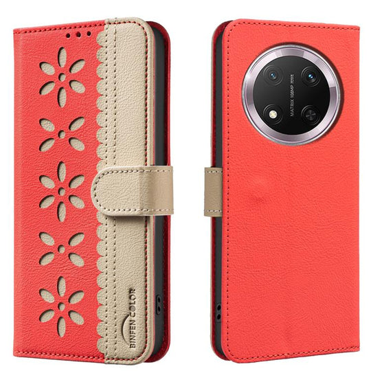 For Honor X9C / Magic7 Lite Splicing Color Hollow Flower Pattern RFID Leather Phone Case(Red)