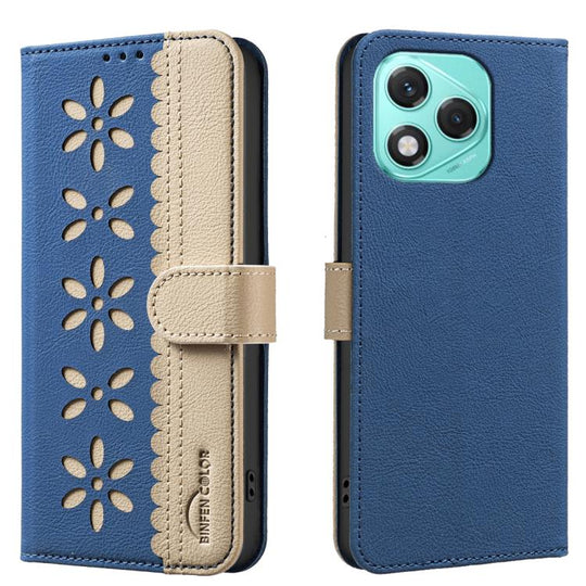 For Honor 400 Lite Global Splicing Color Hollow Flower Pattern RFID Leather Phone Case(Dark Blue)