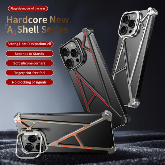For iPhone 15 Pro Four Corner Shockproof Lens Bracket Hollow Metal Phone Case(Black) - iPhone 15 Pro Cases by buy2fix | Online Shopping UK | buy2fix
