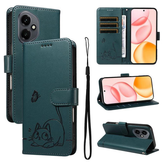 For Honor 400 Global 156.5mm Adorable Cat Embossed Pattern Flip Leather Phone Case(Dark Green)