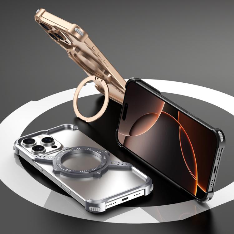 For iPhone 16e S Shaped 360 Holder Airbag Frameless MagSafe Metal Phone Case(Black) - iPhone 16e Cases by buy2fix | Online Shopping UK | buy2fix