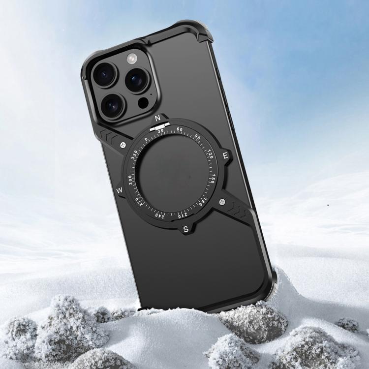 For iPhone 16e S Shaped 360 Holder Airbag Frameless MagSafe Metal Phone Case(Black) - iPhone 16e Cases by buy2fix | Online Shopping UK | buy2fix