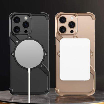 For iPhone 15 S Shaped 360 Holder Airbag Frameless MagSafe Metal Phone Case(Desert Gold) - iPhone 15 Cases by buy2fix | Online Shopping UK | buy2fix