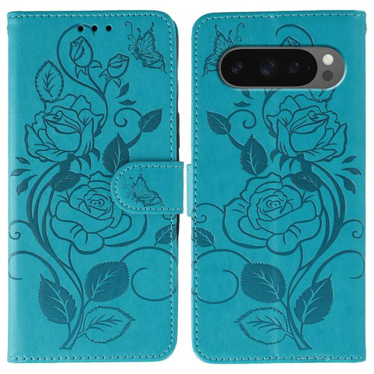 For Google Pixel 10 Pro XL Rose Butterfly Embossed Leather Phone Case(Blue) - Google Cases by buy2fix | Online Shopping UK | buy2fix