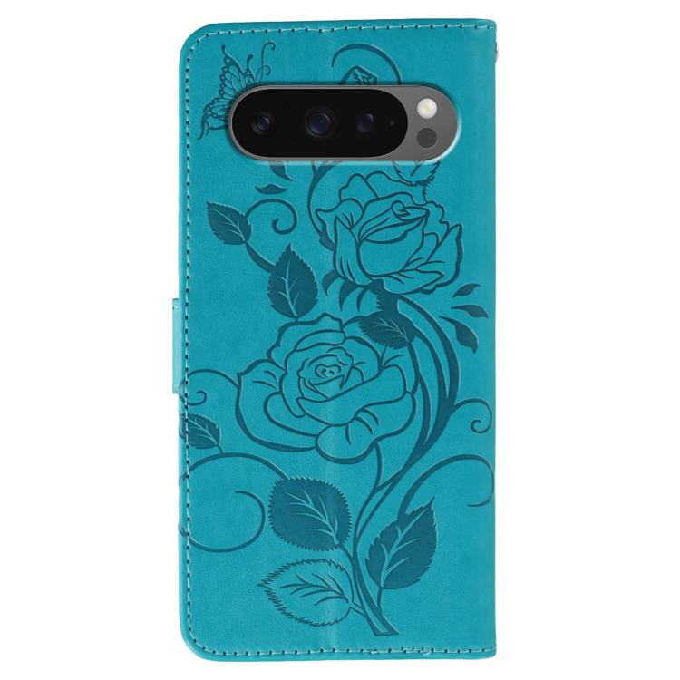 For Google Pixel 10 Pro XL Rose Butterfly Embossed Leather Phone Case(Blue) - Google Cases by buy2fix | Online Shopping UK | buy2fix