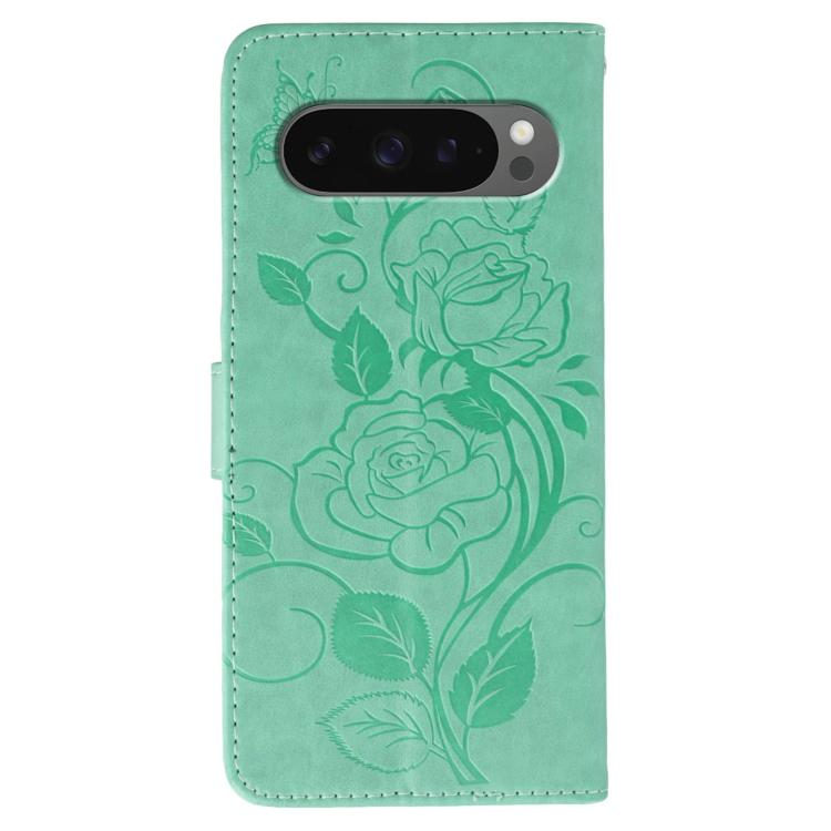 For Google Pixel 10 Pro XL Rose Butterfly Embossed Leather Phone Case(Green) - Google Cases by buy2fix | Online Shopping UK | buy2fix