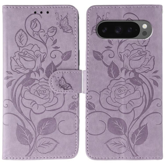 For Google Pixel 10 Pro XL Rose Butterfly Embossed Leather Phone Case(Purple) - Google Cases by buy2fix | Online Shopping UK | buy2fix