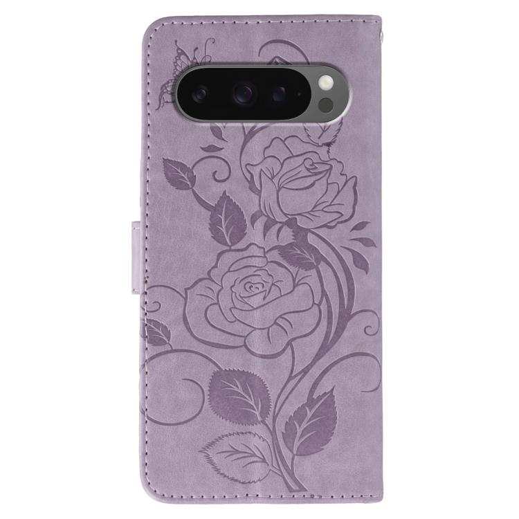 For Google Pixel 10 Pro XL Rose Butterfly Embossed Leather Phone Case(Purple) - Google Cases by buy2fix | Online Shopping UK | buy2fix