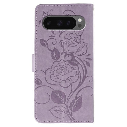 For Google Pixel 10 Pro XL Rose Butterfly Embossed Leather Phone Case(Purple) - Google Cases by buy2fix | Online Shopping UK | buy2fix