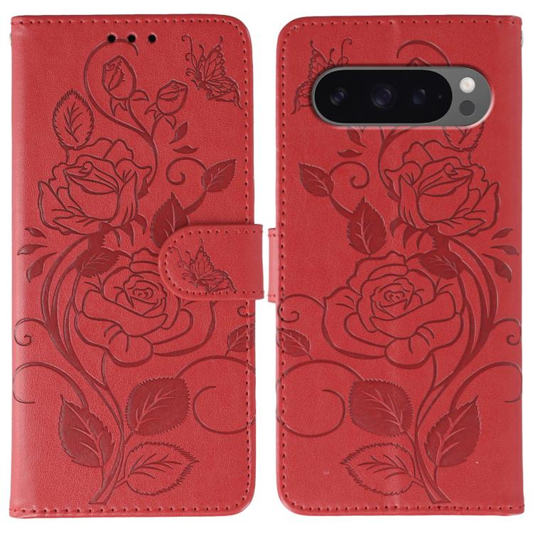 For Google Pixel 10 Pro XL Rose Butterfly Embossed Leather Phone Case(Red) - Google Cases by buy2fix | Online Shopping UK | buy2fix