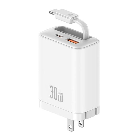 USAMS CC297 30W Fast Charger With Retractable USB-C / Type-C Cable, US Plug(White) - USB Charger by USAMS | Online Shopping UK | buy2fix
