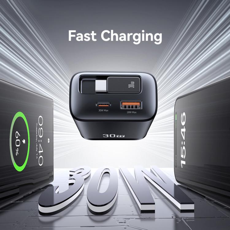 USAMS CC297 30W Fast Charger With Retractable USB-C / Type-C Cable, US Plug(White) - USB Charger by USAMS | Online Shopping UK | buy2fix