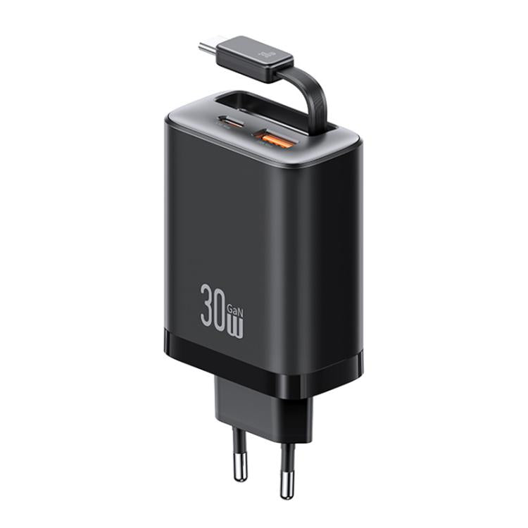 USAMS CC296 30W Fast Charger With Retractable USB-C / Type-C Cable, EU Plug(Black) - USB Charger by USAMS | Online Shopping UK | buy2fix