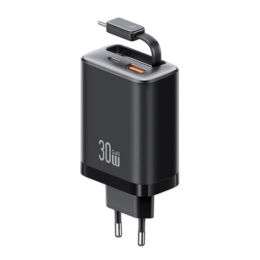 USAMS CC296 30W Fast Charger With Retractable USB-C / Type-C Cable, EU Plug(Black) - USB Charger by USAMS | Online Shopping UK | buy2fix
