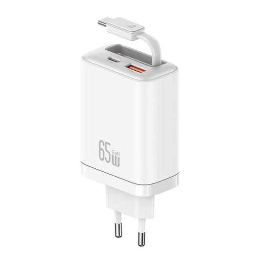 USAMS CC299 65W Fast Charger With Retractable USB-C / Type-C Cable, EU Plug(White) - USB Charger by USAMS | Online Shopping UK | buy2fix