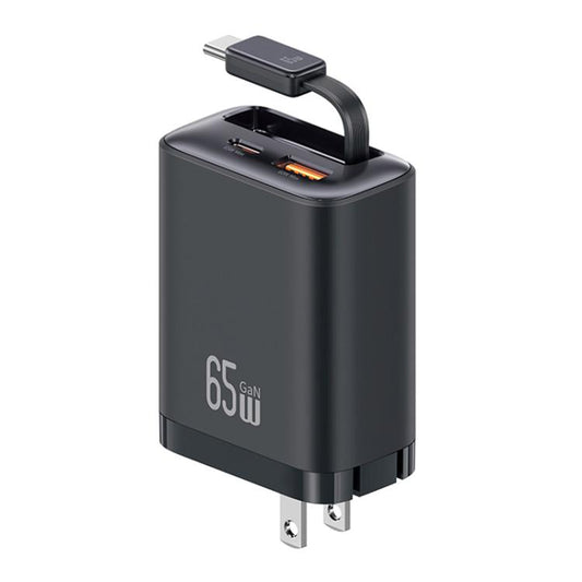 USAMS CC300 65W Fast Charger With Retractable USB-C / Type-C Cable, US Plug(Black) - USB Charger by USAMS | Online Shopping UK | buy2fix