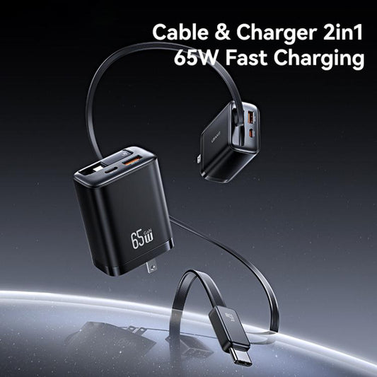 USAMS CC300 65W Fast Charger With Retractable USB-C / Type-C Cable, US Plug(Black) - USB Charger by USAMS | Online Shopping UK | buy2fix