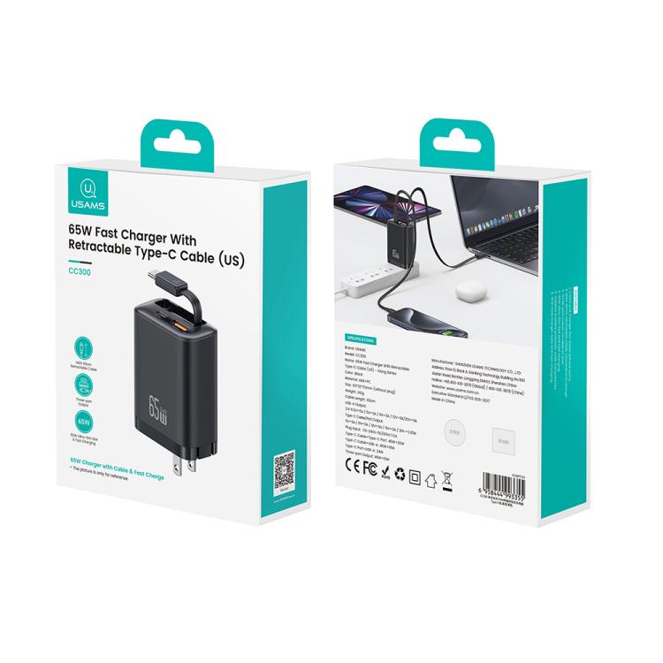 USAMS CC300 65W Fast Charger With Retractable USB-C / Type-C Cable, US Plug(Black) - USB Charger by USAMS | Online Shopping UK | buy2fix