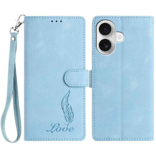 For iPhone 17 Skin Feel Embossed Feather Leather Phone Case(Light Blue)