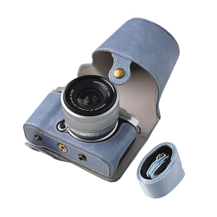 For FUJIFILM X-M5 Retro Litchi Texture Leather Full Body Camera Case Bag with Strap(Blue) - Leather Bag by buy2fix | Online Shopping UK | buy2fix