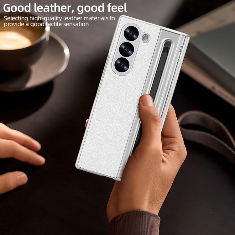 For Samsung Galaxy Z Fold6 5G VIETAO Electroplating Integrated Pen Slot Folding PU Phone Case with Stylus(White) - Galaxy Z Fold6 5G Cases by VIETAO | Online Shopping UK | buy2fix