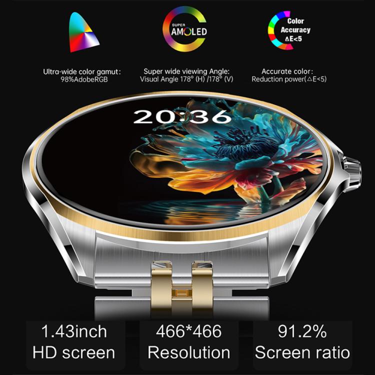 H78 1.43 inch AMOLED Screen Health & Fitness Smart Watch IP67 Waterproof Support BT Call(Gold Shell Blue Leather) - Smart Watches by buy2fix | Online Shopping UK | buy2fix