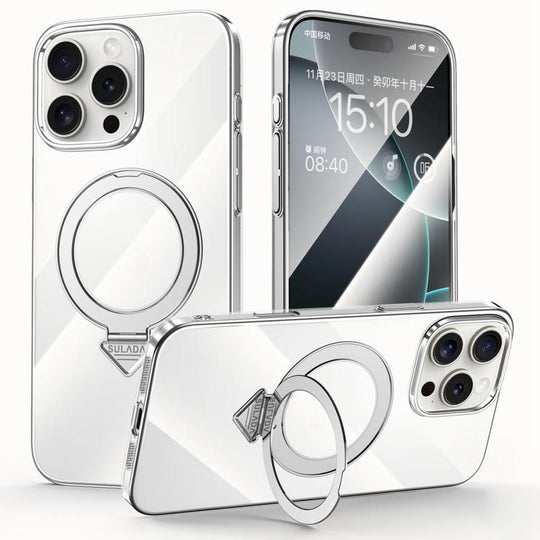 For iPhone 16 Pro Max SULADA Electroplated Transparent MagSafe Holder Phone Case(Silver)