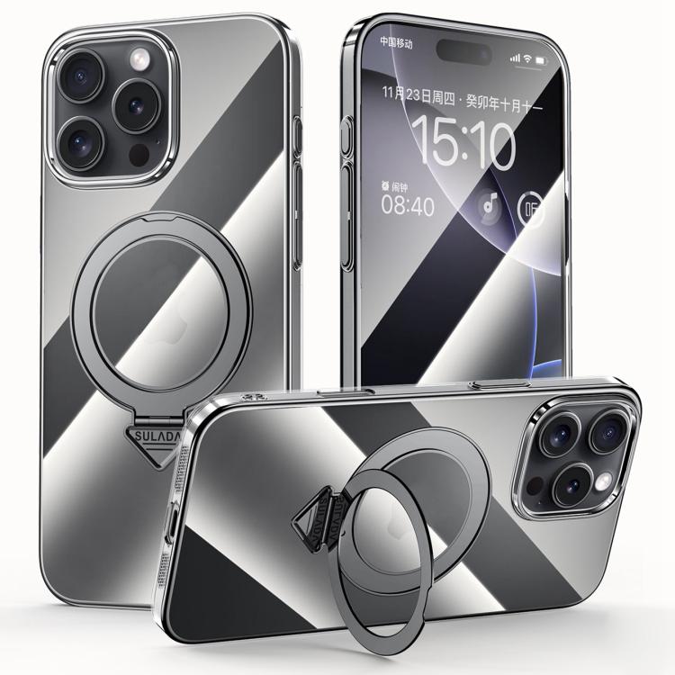 For iPhone 16 Pro Max SULADA Electroplated Transparent MagSafe Holder Phone Case(Black) - iPhone 16 Pro Max Cases by SULADA | Online Shopping UK | buy2fix