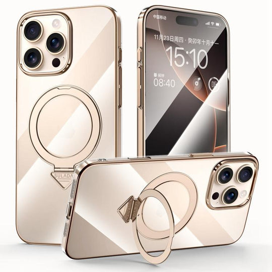 For iPhone 16 Pro SULADA Electroplated Transparent MagSafe Holder Phone Case(Gold)