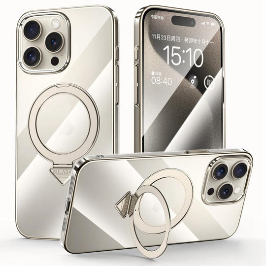For iPhone 15 Pro SULADA Electroplated Transparent MagSafe Holder Phone Case(Grey)