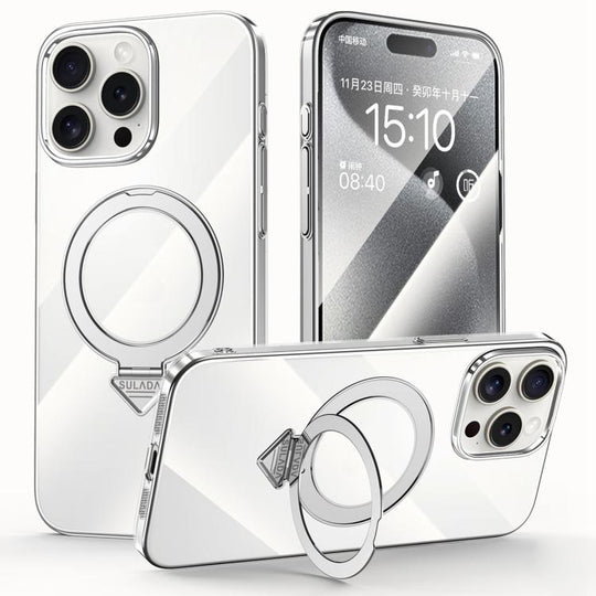 For iPhone 15 Pro SULADA Electroplated Transparent MagSafe Holder Phone Case(Silver)