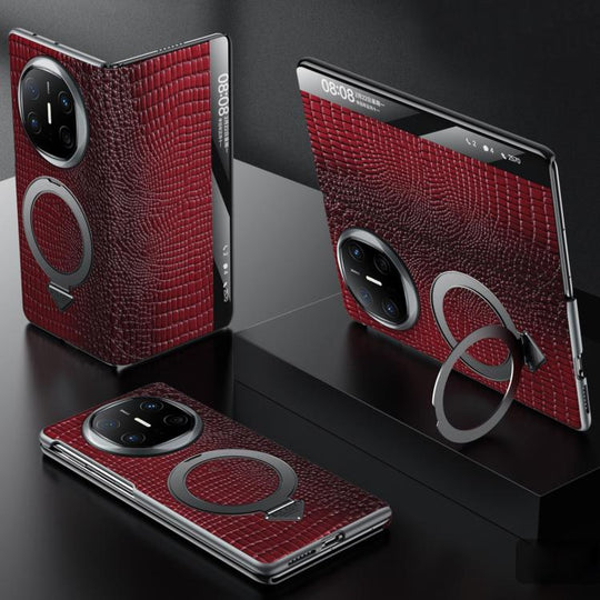 For Huawei Mate X6 SULADA Crocodile Texture Cowhide MagSafe Holder Smart Window Phone Case(Red)