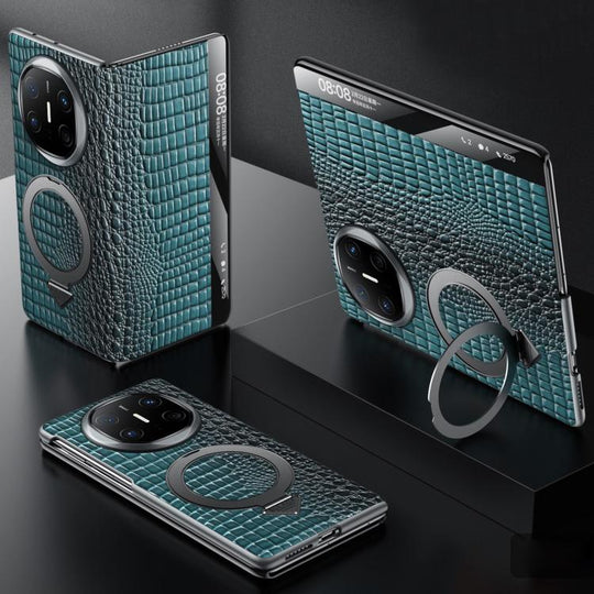 For Huawei Mate X6 SULADA Crocodile Texture Cowhide MagSafe Holder Smart Window Phone Case(Green)