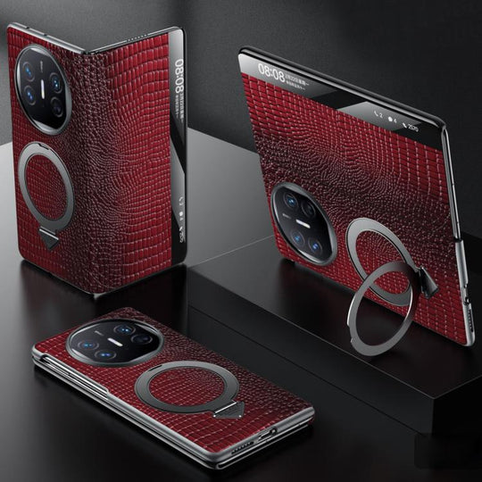 For Huawei Mate X5 SULADA Crocodile Texture Cowhide MagSafe Holder Smart Window Phone Case(Red)