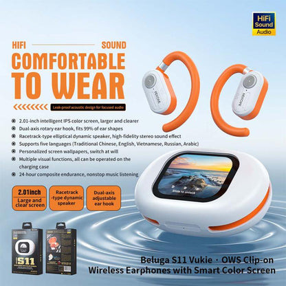 WK Beluga S11 Vukie OWS Clip-on Wireless Earphones with Smart Color Screen(White) - Bluetooth Earphone by WK | Online Shopping UK | buy2fix