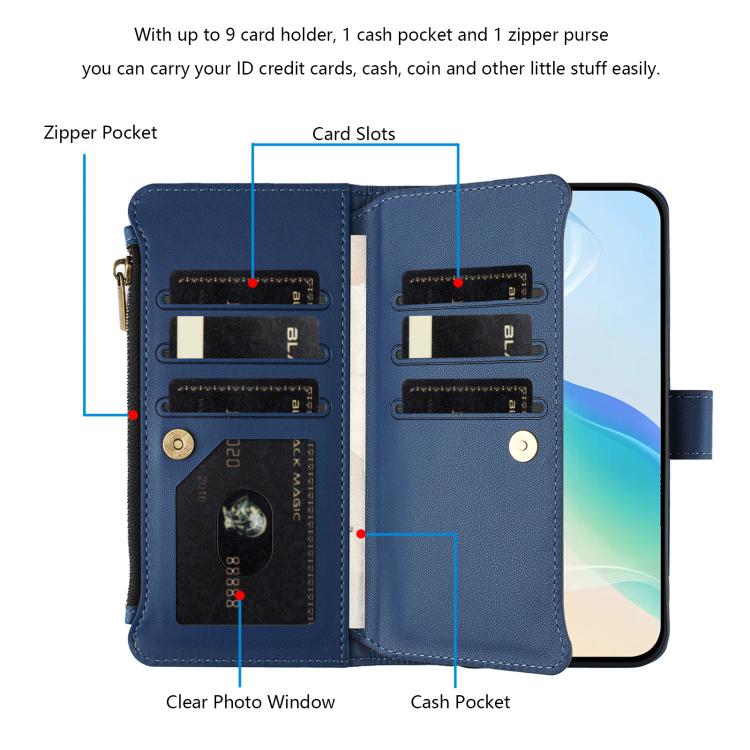 For Google Pixel 10 5G Global Magnetic Closure 9 Card Slots Zipper Leather Case with Hand Strap(Dark Blue) - Google Cases by buy2fix | Online Shopping UK | buy2fix