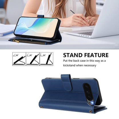 For Google Pixel 10 5G Global Magnetic Closure 9 Card Slots Zipper Leather Case with Hand Strap(Dark Blue) - Google Cases by buy2fix | Online Shopping UK | buy2fix