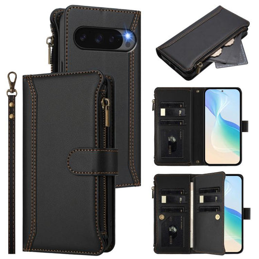 For Google Pixel 10 5G Global Magnetic Closure 9 Card Slots Zipper Leather Case with Hand Strap(Black) - Google Cases by buy2fix | Online Shopping UK | buy2fix