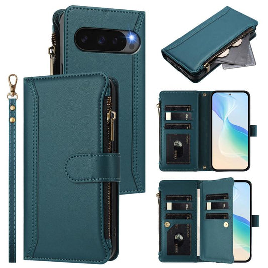 For Google Pixel 10 5G Global Magnetic Closure 9 Card Slots Zipper Leather Case with Hand Strap(Dark Green) - Google Cases by buy2fix | Online Shopping UK | buy2fix