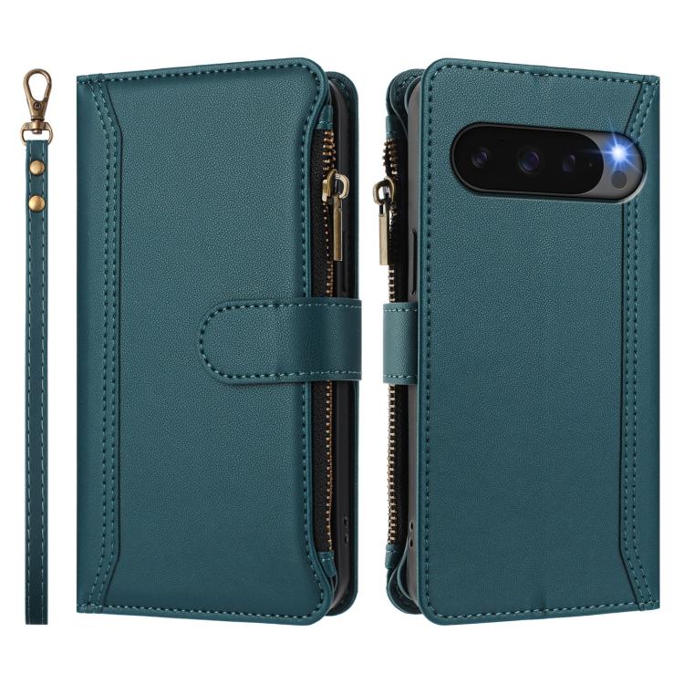 For Google Pixel 10 5G Global Magnetic Closure 9 Card Slots Zipper Leather Case with Hand Strap(Dark Green) - Google Cases by buy2fix | Online Shopping UK | buy2fix