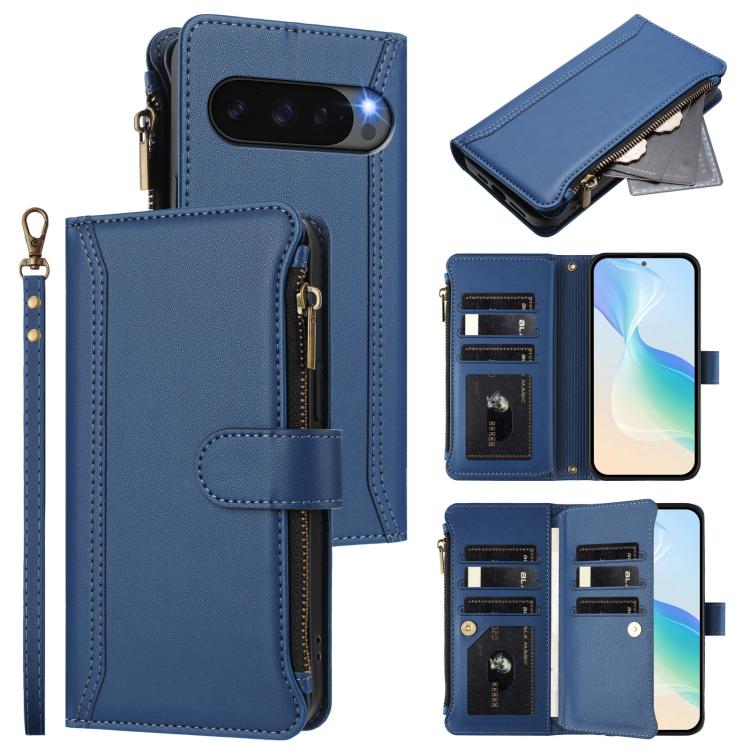 For Google Pixel 10 Pro XL 5G Magnetic Closure 9 Card Slots Zipper Leather Case with Hand Strap(Dark Blue) - Google Cases by buy2fix | Online Shopping UK | buy2fix