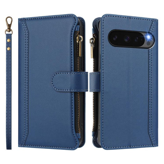 For Google Pixel 10 Pro XL 5G Magnetic Closure 9 Card Slots Zipper Leather Case with Hand Strap(Dark Blue) - Google Cases by buy2fix | Online Shopping UK | buy2fix