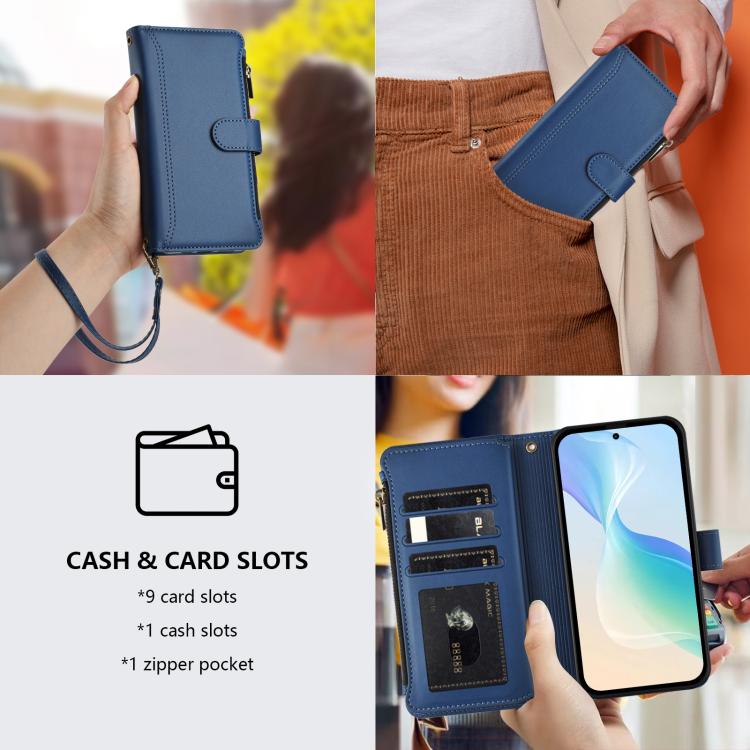 For Google Pixel 10 Pro XL 5G Magnetic Closure 9 Card Slots Zipper Leather Case with Hand Strap(Dark Blue) - Google Cases by buy2fix | Online Shopping UK | buy2fix