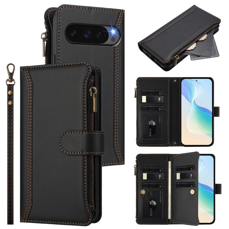 For Google Pixel 10 Pro XL 5G Magnetic Closure 9 Card Slots Zipper Leather Case with Hand Strap(Black) - Google Cases by buy2fix | Online Shopping UK | buy2fix